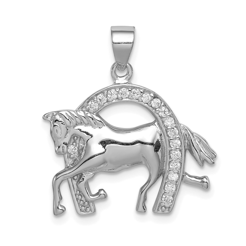 925 Sterling Silver Horse & Horseshoe CZ Necklace Charm Pendant